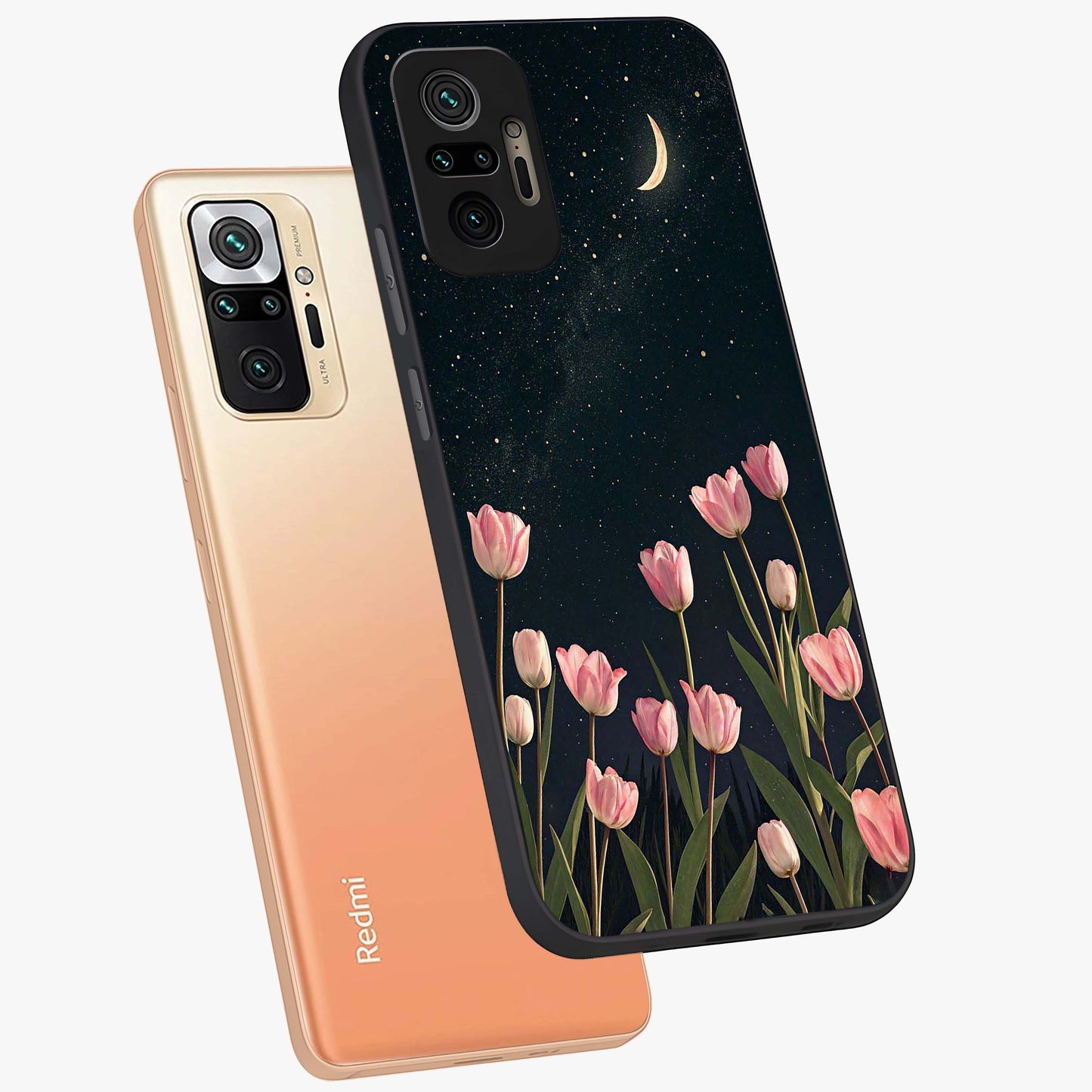 Midnight Tulip Whispers Vibe Glass Case displayed in angled mockup highlighting delicate tulip design with midnight floral aesthetic.