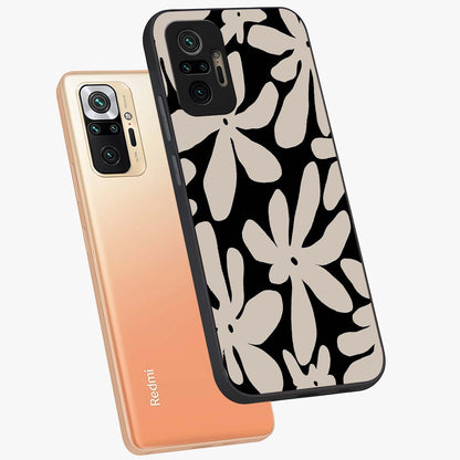 Monochrome Petal Dance Glass Case displayed in angled mockup highlighting elegant petal design with black and white aesthetic.