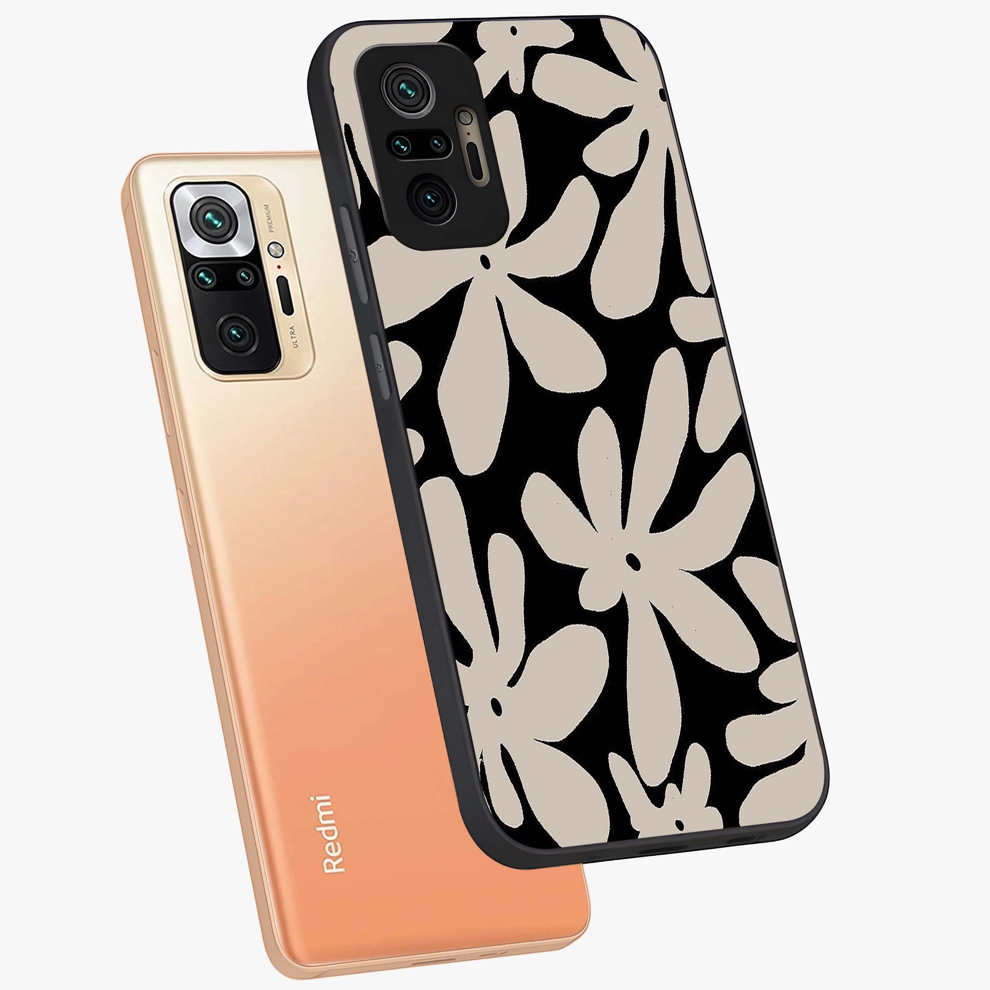 Monochrome Petal Dance Glass Case displayed in angled mockup highlighting elegant petal design with black and white aesthetic.