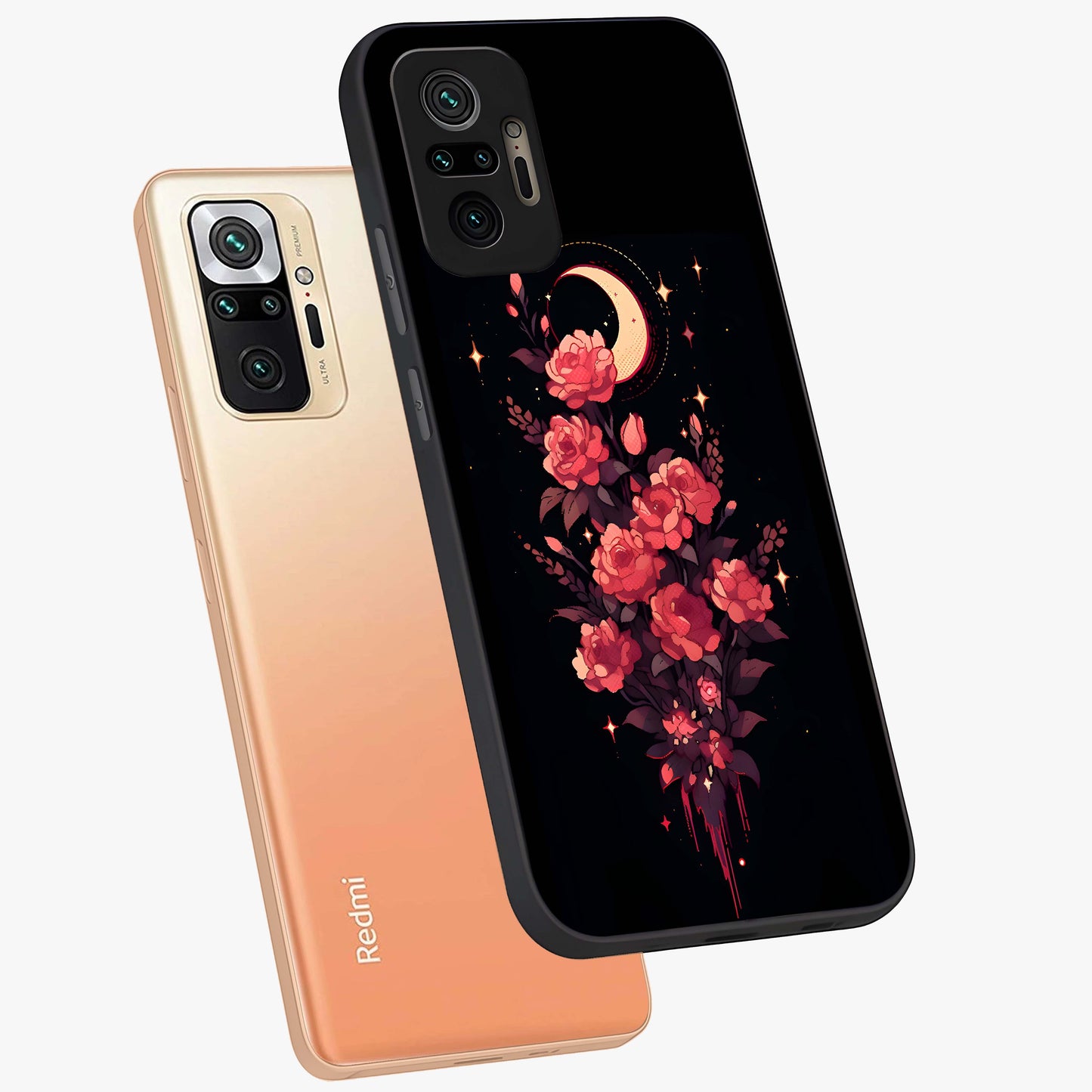 Moonlit Floral Elegance Glass Case displayed in angled mockup highlighting graceful flower design with soft moonlight aesthetic.