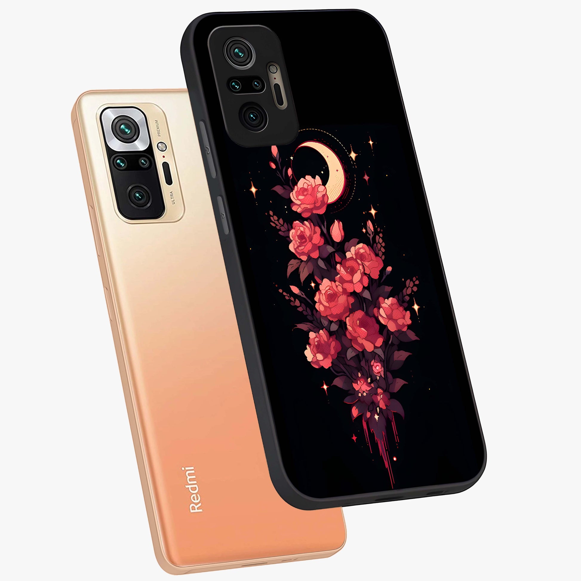 Moonlit Floral Elegance Glass Case displayed in angled mockup highlighting graceful flower design with soft moonlight aesthetic.