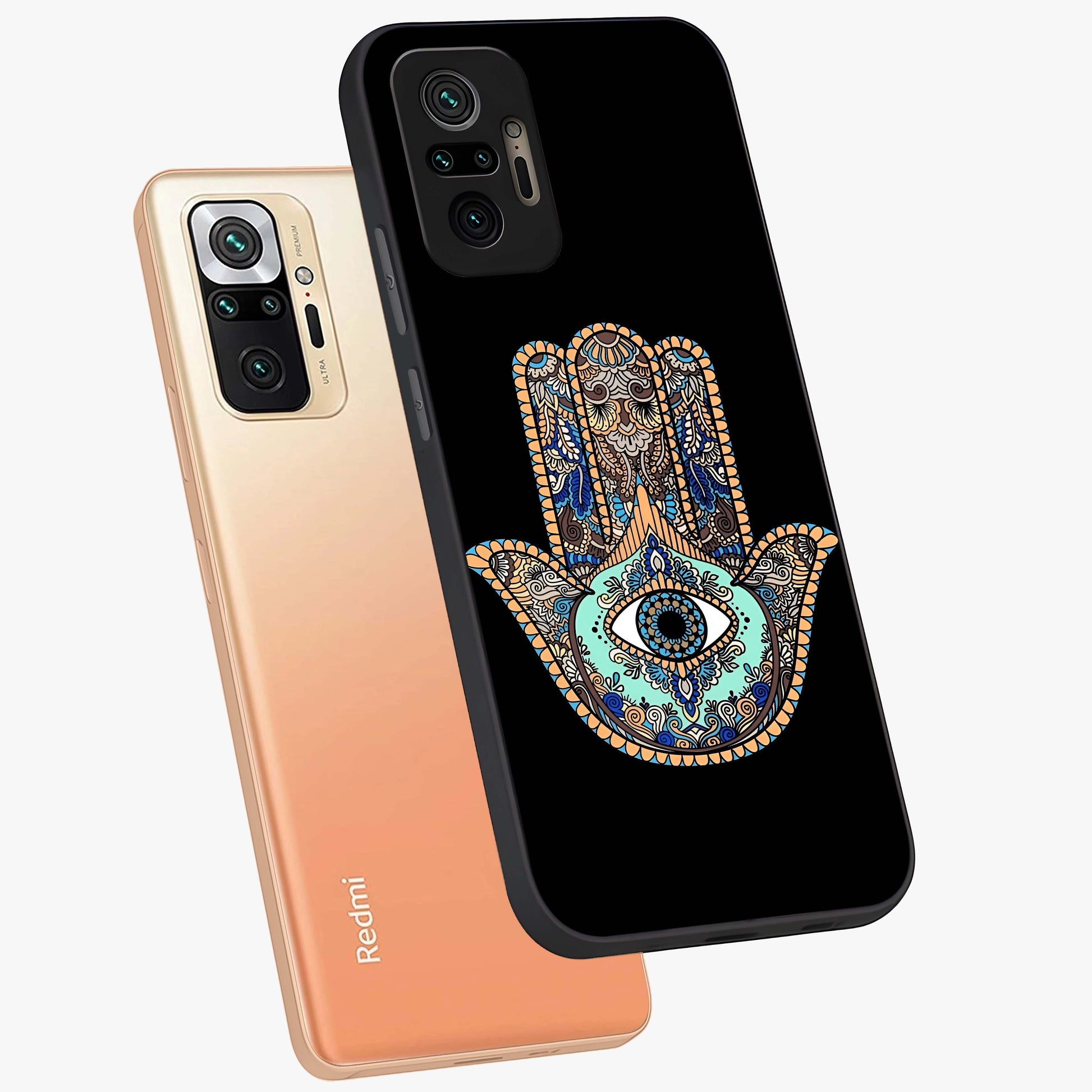 Mystic Hamsa Eye Glass Case displayed in angled mockup highlighting spiritual hamsa symbol with mystical aesthetic style.