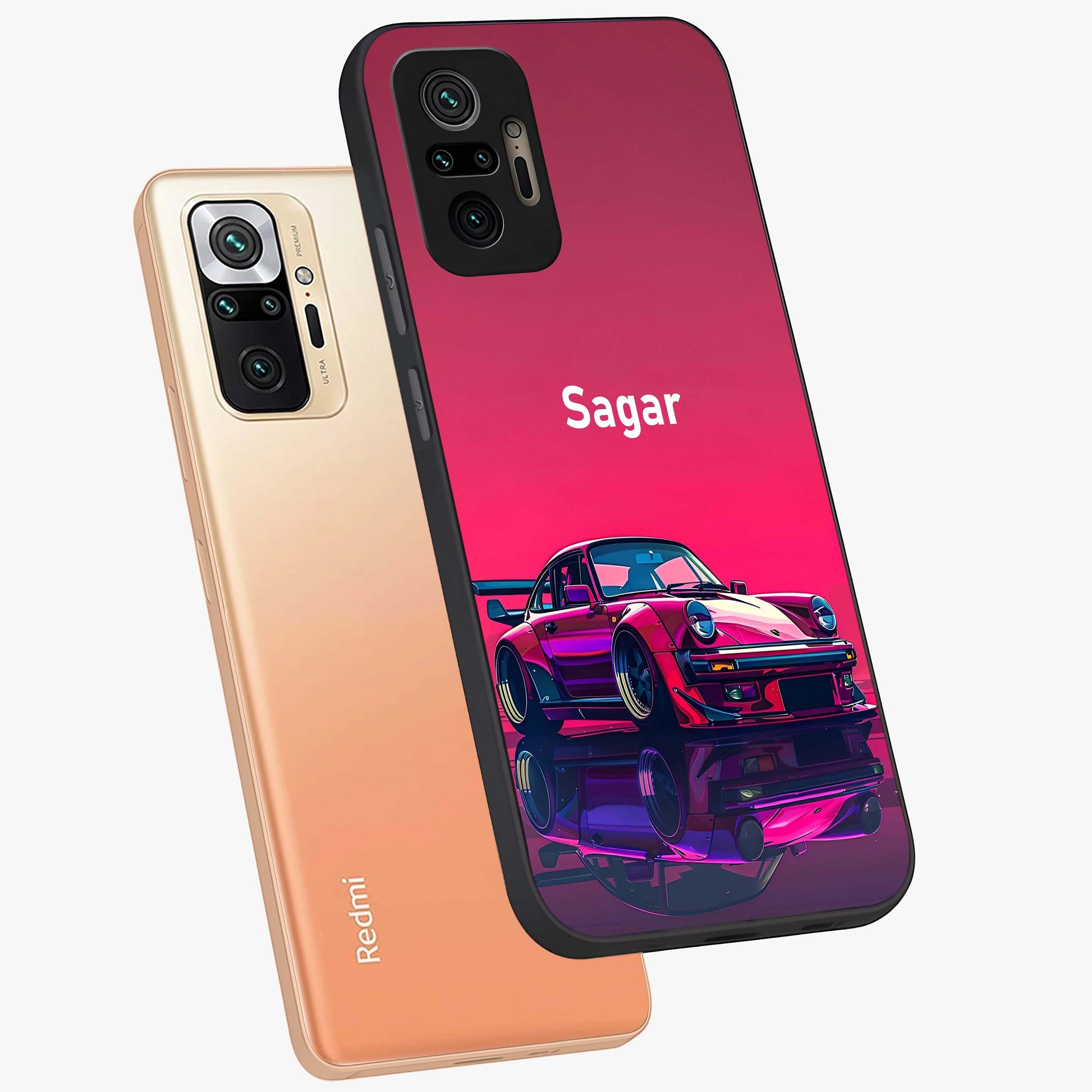 Neon Pink Porsche Glass Case displayed in angled mockup highlighting sleek neon pink car design with racing aesthetic.