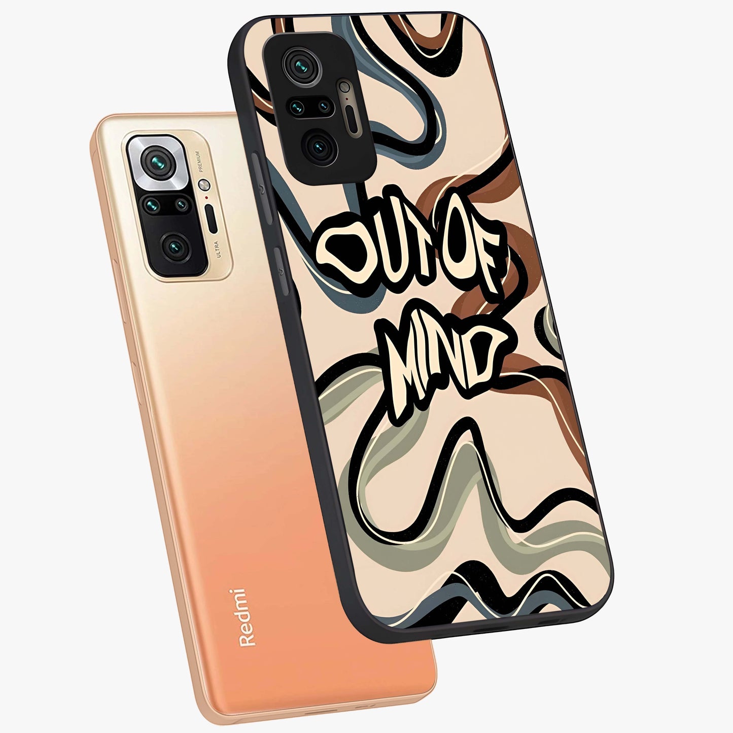 Out Of Mind Glass Case displayed in angled mockup highlighting bold statement design with modern artistic aesthetic.