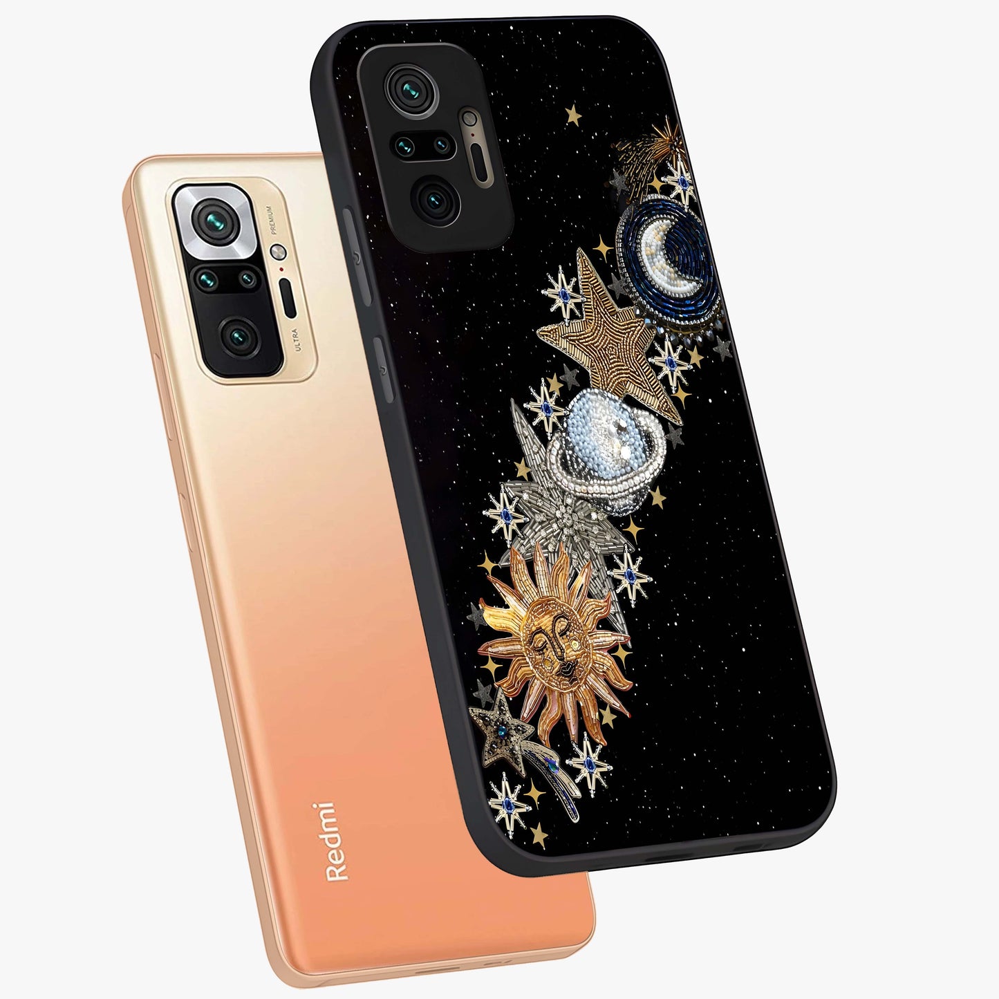 Pearls Universe Object Glass Case displayed in angled mockup highlighting celestial pearl design with dreamy aesthetic.