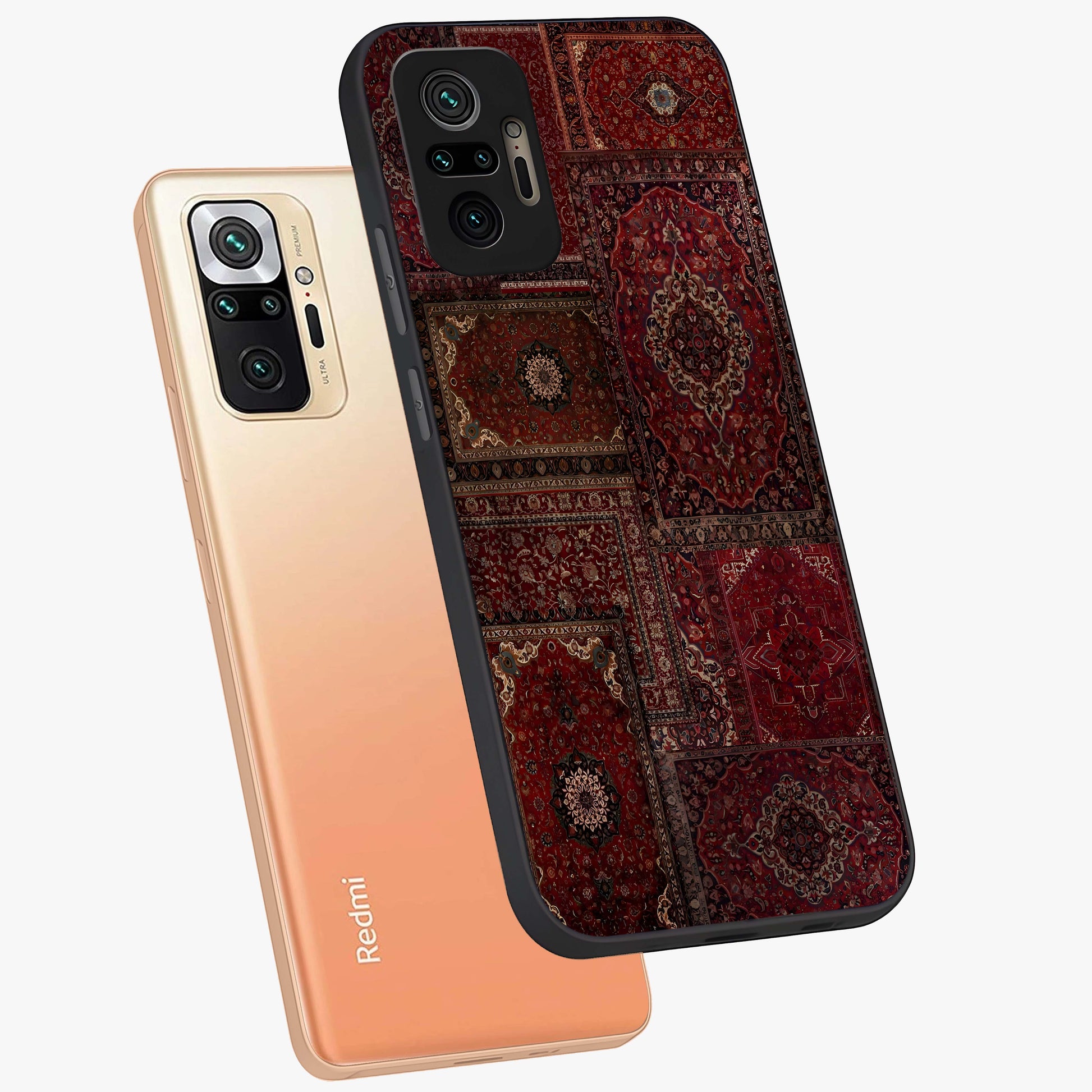 Persian Velvet Tale Glass Case displayed in angled mockup highlighting ornate textile inspired design with royal aesthetic.
