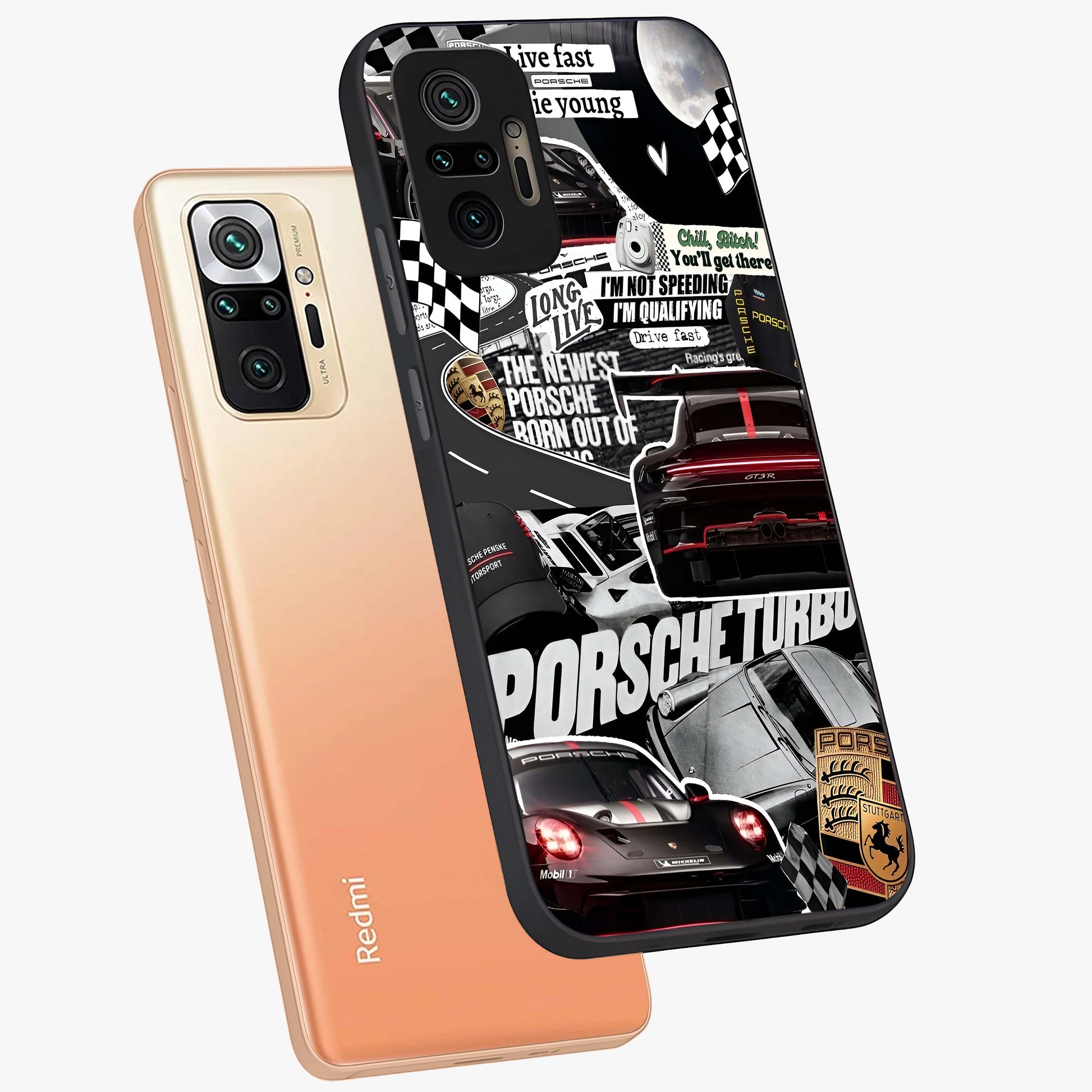 Porsche Racing Collage Glass Case displayed in angled mockup highlighting dynamic automotive design with bold racing aesthetic.