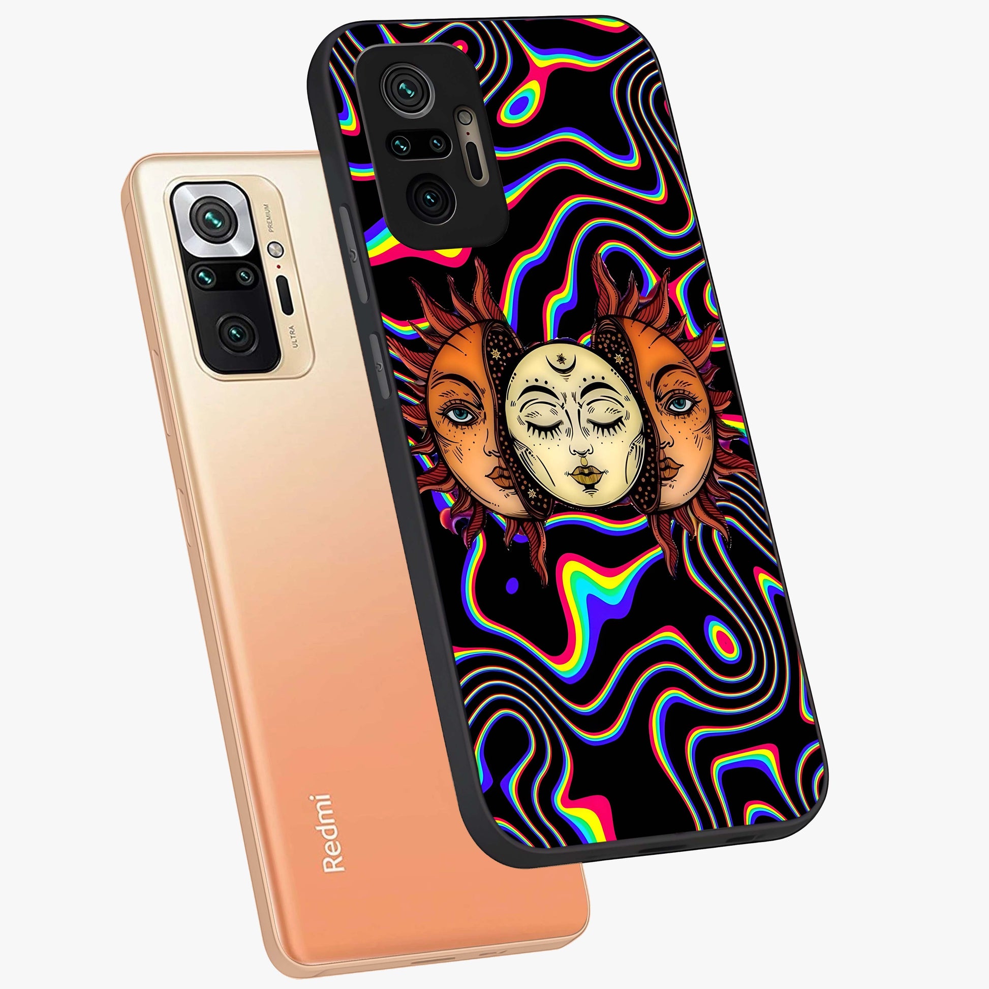 Psychedelic Sun Glass Case displayed in angled mockup highlighting vibrant abstract sun design with artistic aesthetic style.