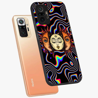 Psychedelic Sun Glass Case displayed in angled mockup highlighting vibrant abstract sun design with artistic aesthetic style.