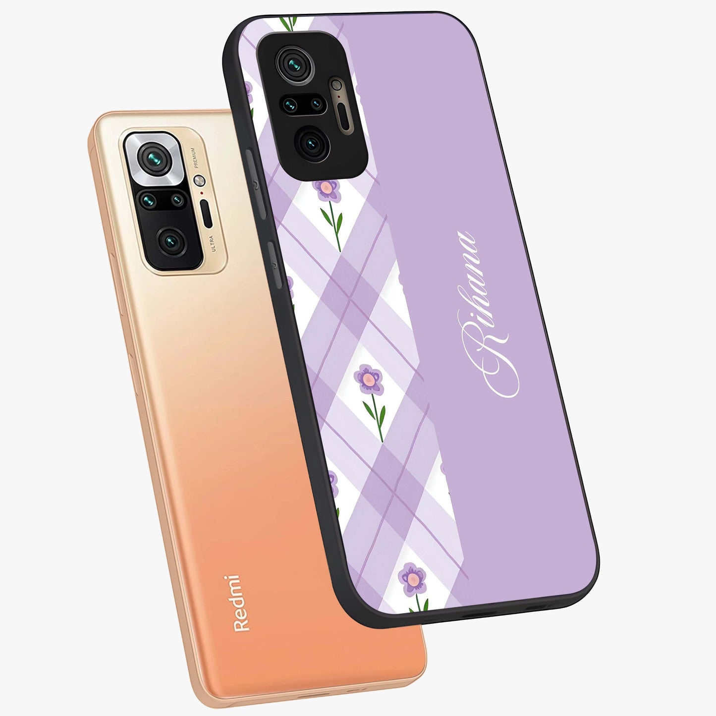 Purple Diamond Floral Glass Case displayed in angled mockup highlighting elegant purple flower design with decorative pattern.