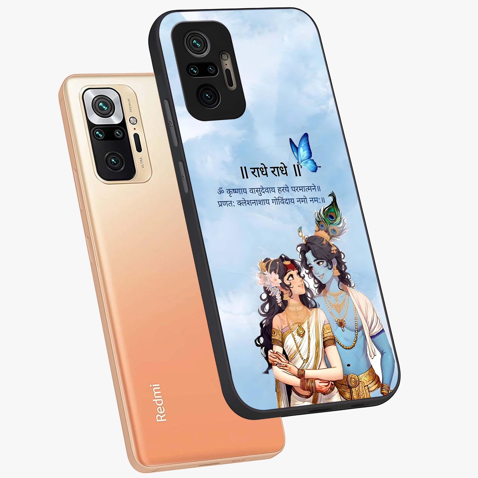 Radha Krishna Eternal Glass Case displayed in angled mockup highlighting divine Radha Krishna illustration with spiritual aesthetic.