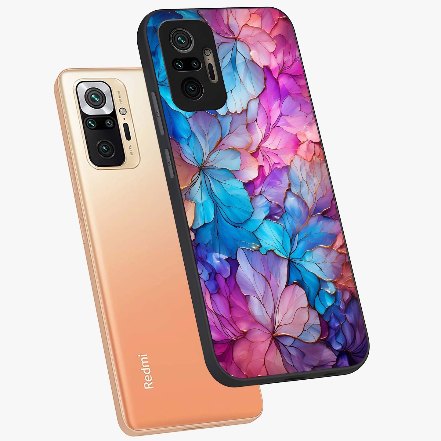 Radiant Floral Whirl Glass Case displayed in angled mockup highlighting vibrant flower pattern with dynamic artistic aesthetic.