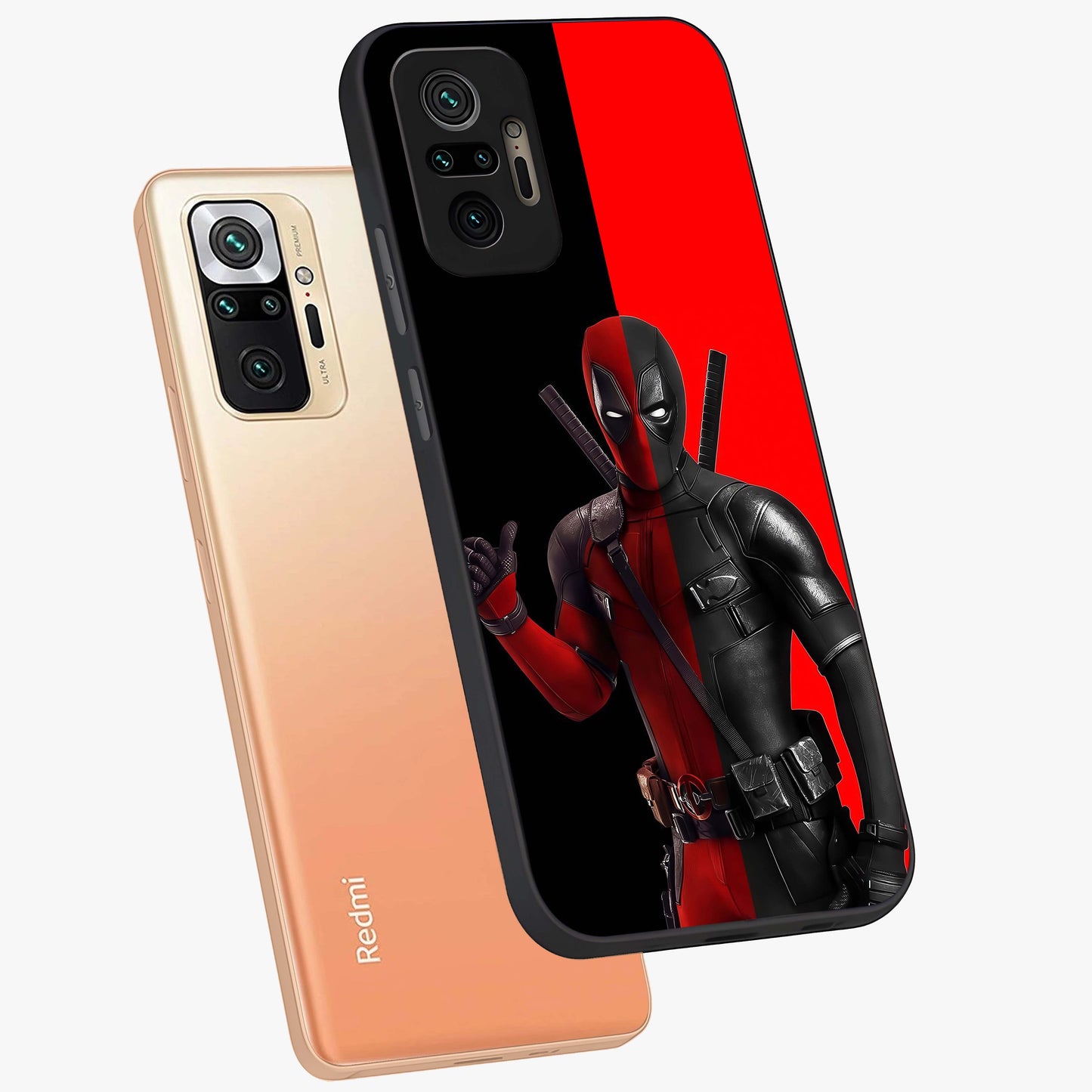 Red & Black Deadpool Theme Glass Case displayed in angled mockup highlighting vibrant superhero style illustration with action aesthetic.