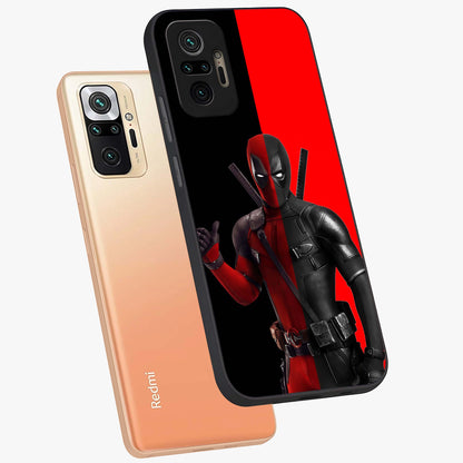 Red & Black Deadpool Theme Glass Case displayed in angled mockup highlighting vibrant superhero style illustration with action aesthetic.