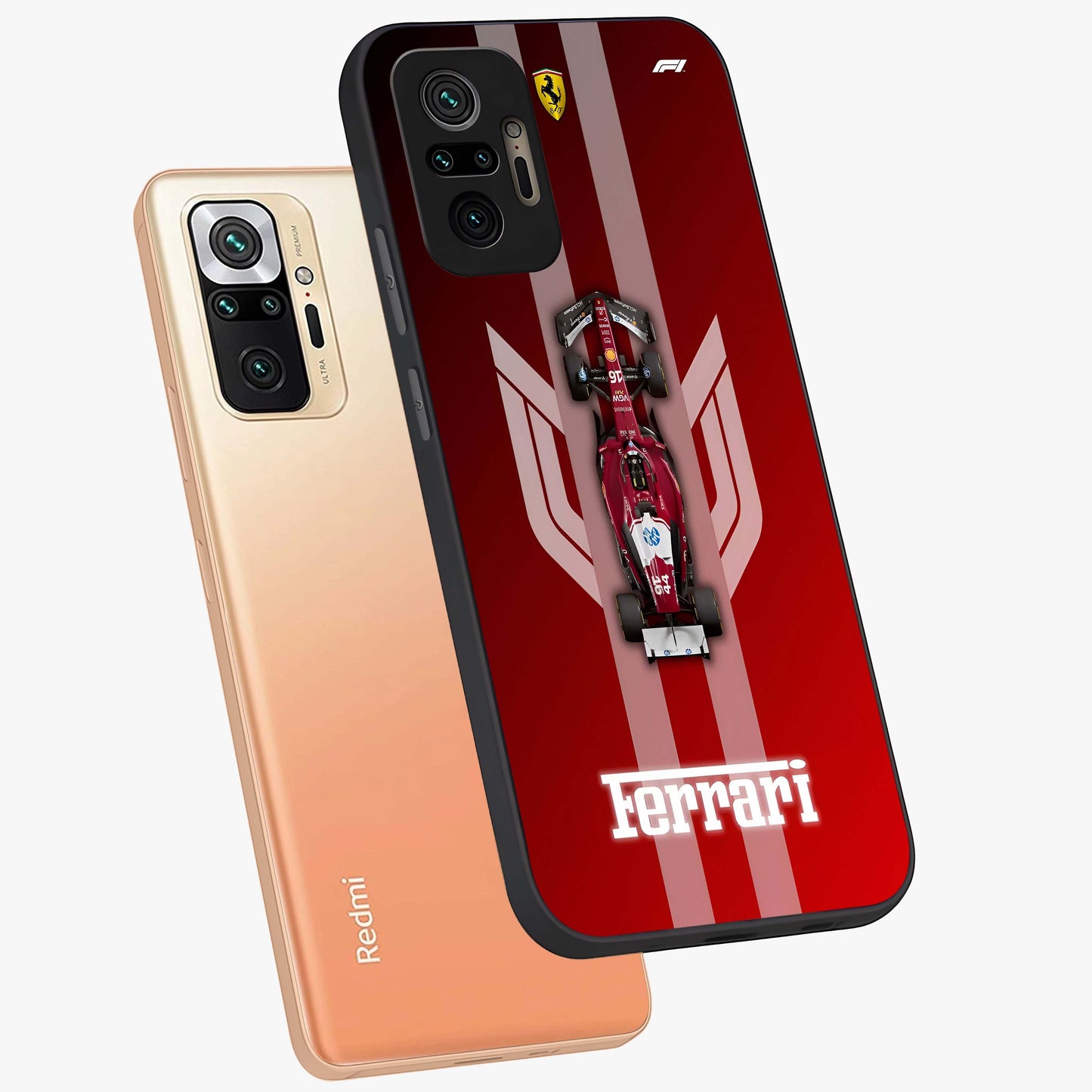 Red Ferrari F1 Vertical Glass Case displayed in angled mockup highlighting high speed racing design with bold automotive aesthetic.