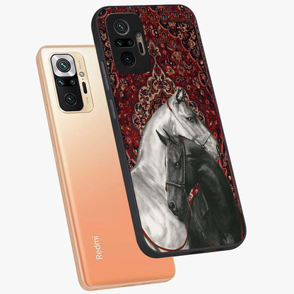 Regal Stallion Tapestry Glass Case displayed in angled mockup highlighting royal stallion design with decorative heritage aesthetic.