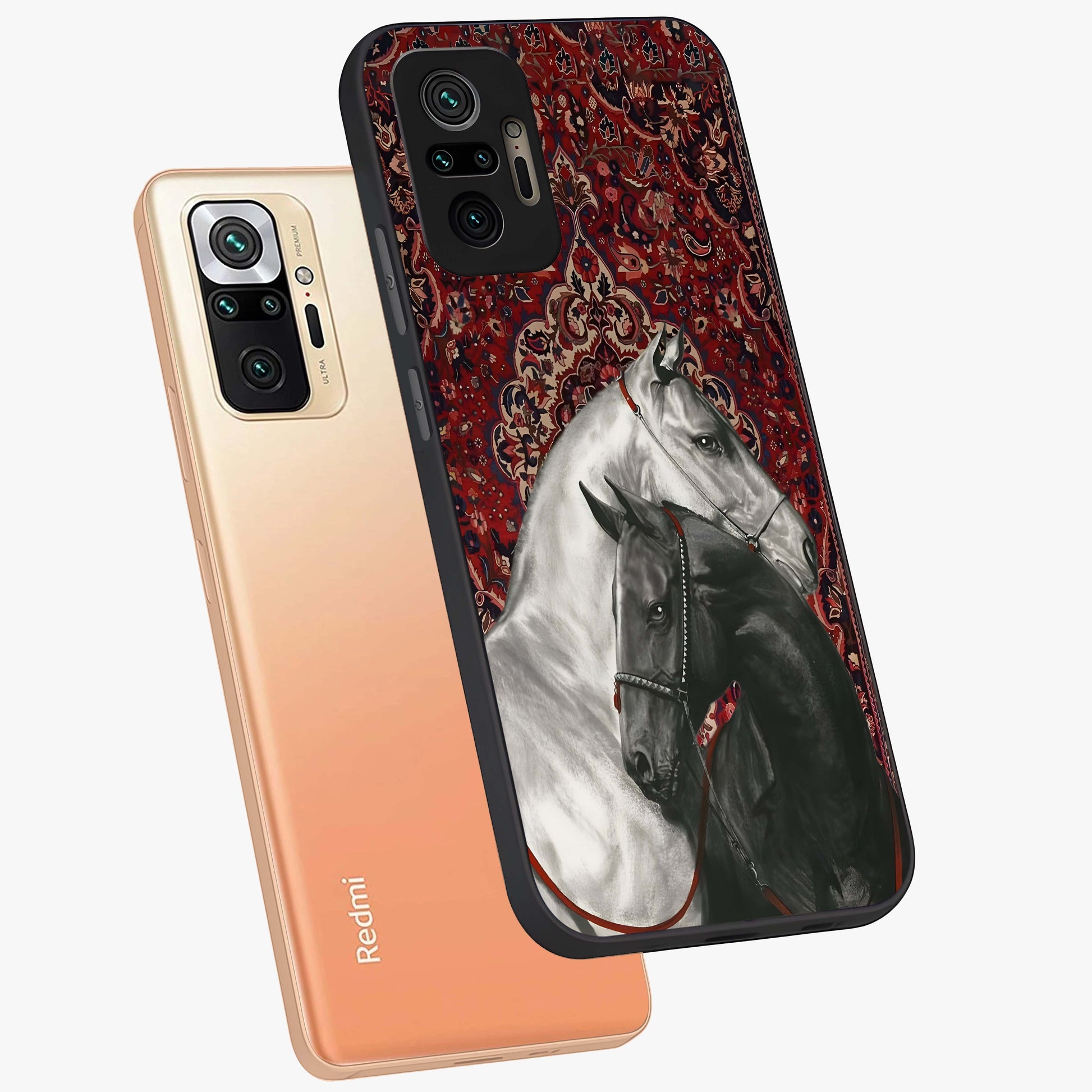Regal Stallion Tapestry Glass Case displayed in angled mockup highlighting royal stallion design with decorative heritage aesthetic.