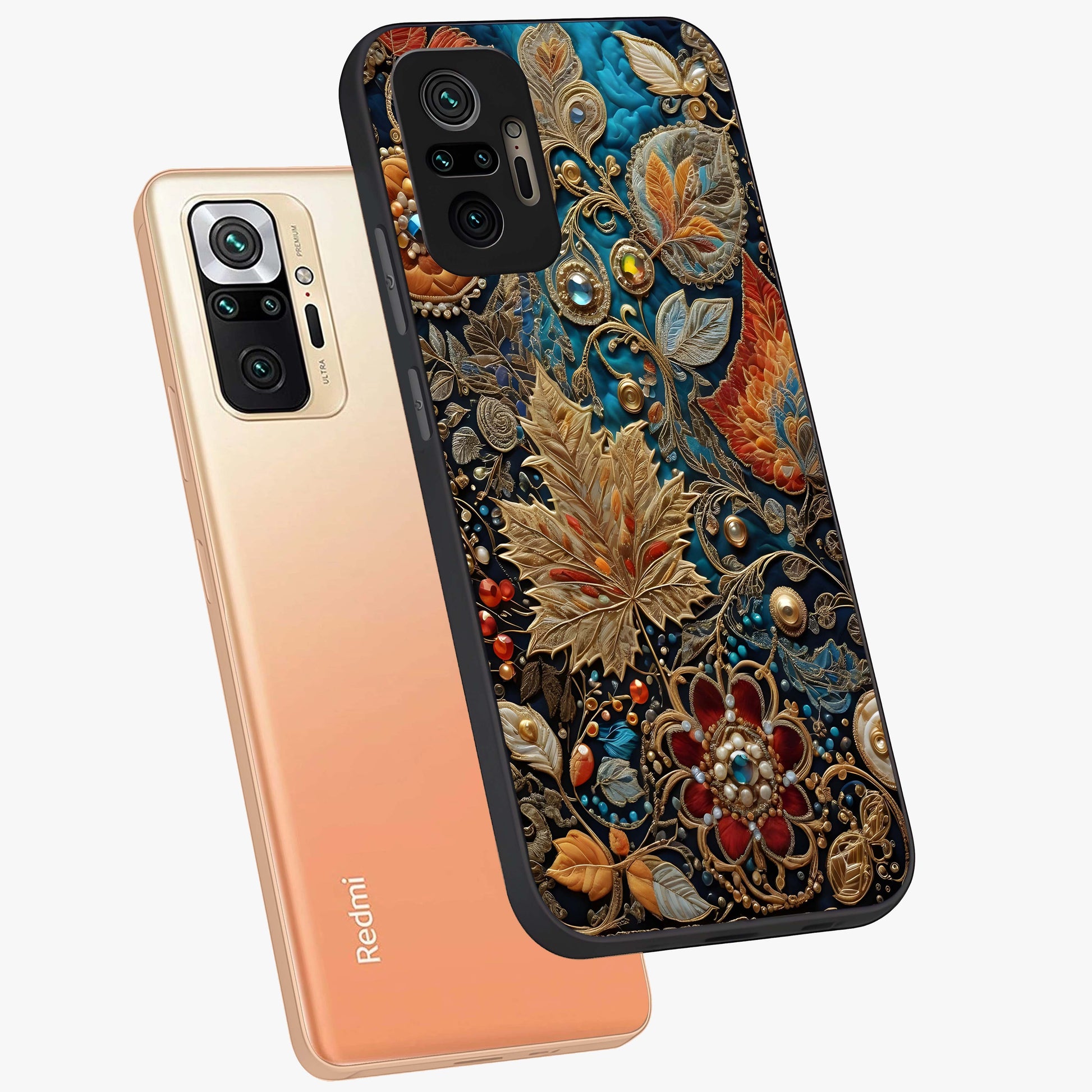 Royal Jewel Garden Glass Case displayed in angled mockup highlighting vibrant jewel inspired floral design with elegant aesthetic.