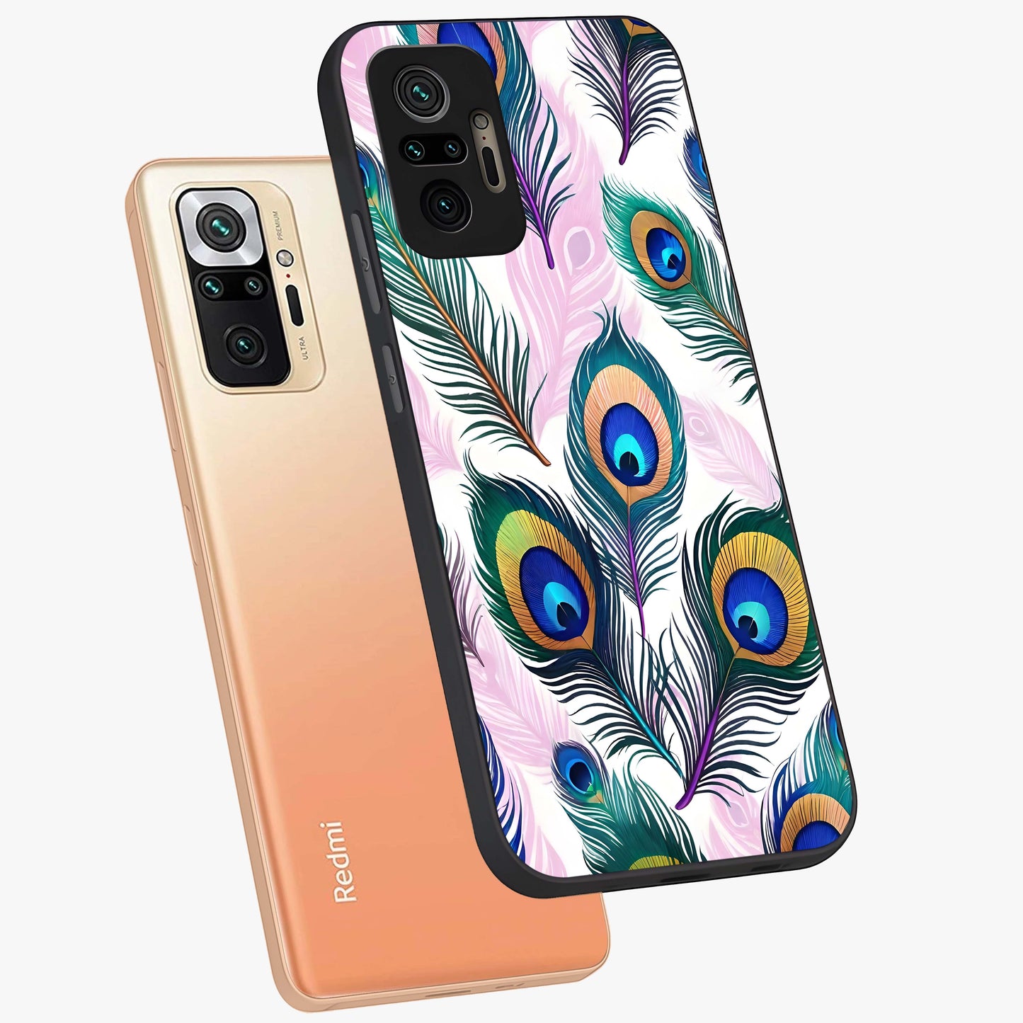 Royal Peacock Feathers Glass Case displayed in angled mockup highlighting vibrant feather pattern with regal aesthetic style.