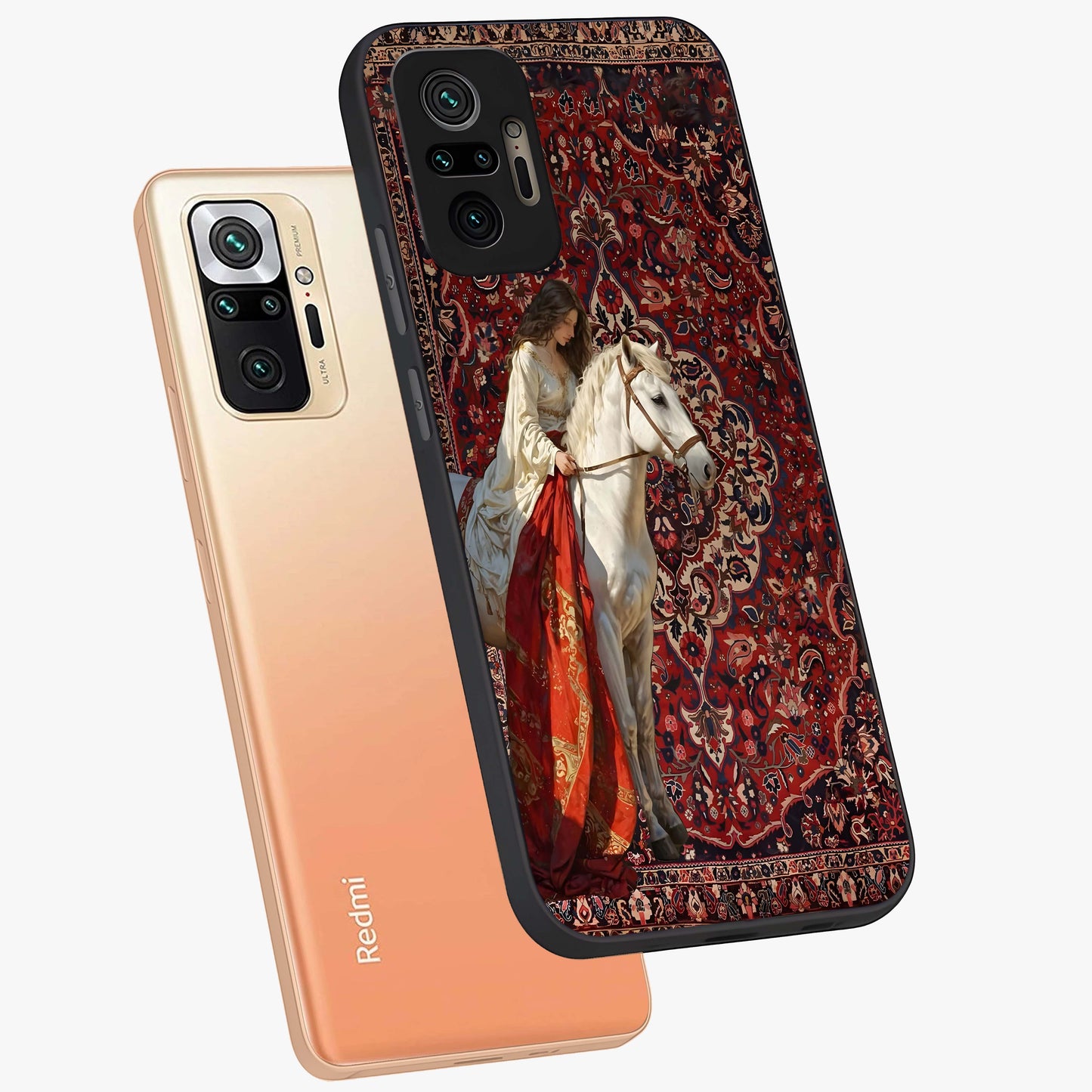 Royal Rider Tapestry Glass Case displayed in angled mockup highlighting traditional tapestry design with royal heritage aesthetic.