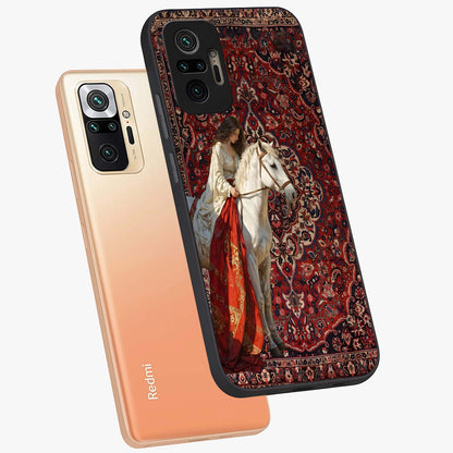 Royal Rider Tapestry Glass Case displayed in angled mockup highlighting traditional tapestry design with royal heritage aesthetic.