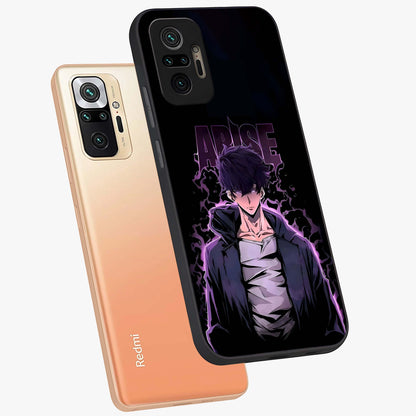 Shadow Monarch Awakening Glass Case displayed in angled mockup highlighting dramatic shadow warrior design with fantasy aesthetic.
