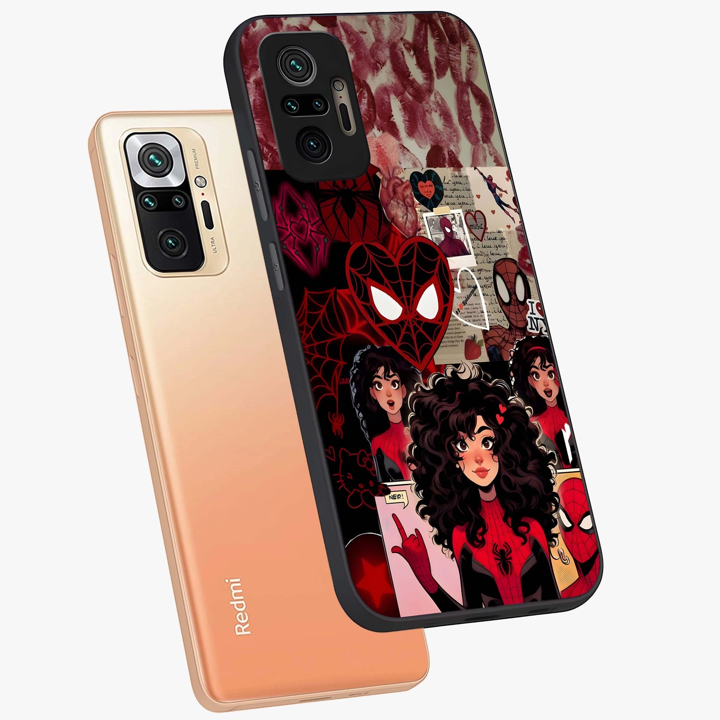 Spider Love Story Glass Case displayed in angled mockup highlighting expressive comic inspired design with playful aesthetic.