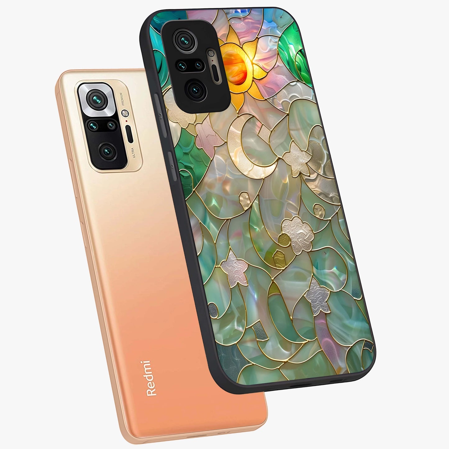 Stained Sunrise Glow Glass Case displayed in angled mockup highlighting radiant sunrise design with artistic aesthetic style.