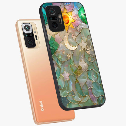 Stained Sunrise Glow Glass Case displayed in angled mockup highlighting radiant sunrise design with artistic aesthetic style.