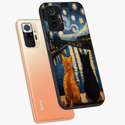 Starry River Cats Glass Case displayed in angled mockup highlighting charming feline illustration with dreamy night aesthetic.