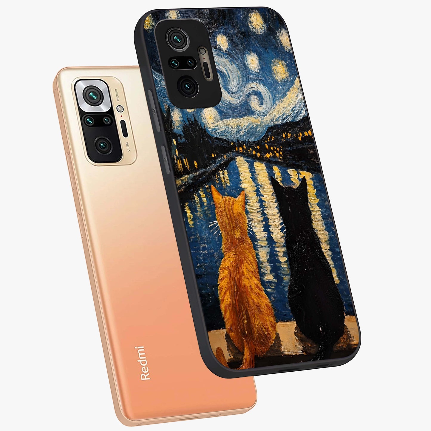 Starry River Cats Glass Case displayed in angled mockup highlighting charming feline illustration with dreamy night aesthetic.