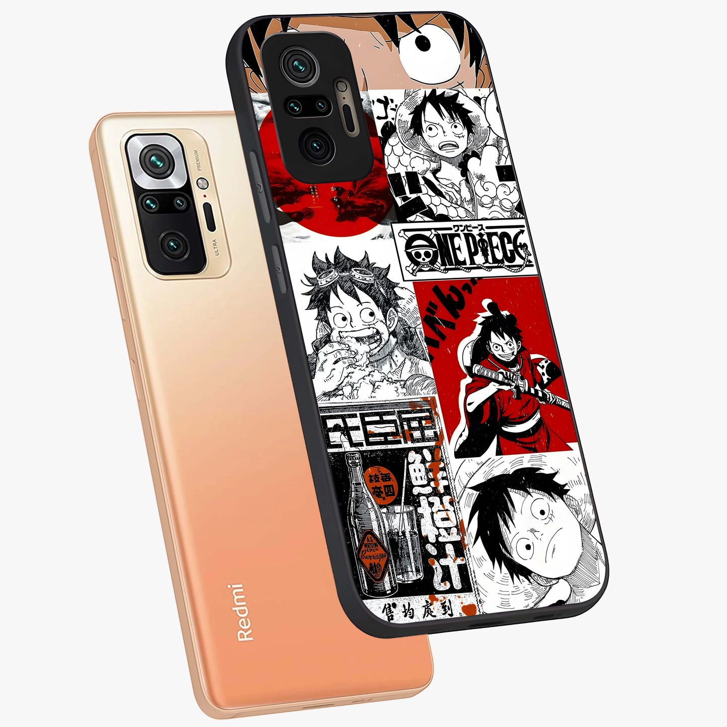 Strawhat Chaos Panels Glass Case displayed in angled mockup highlighting vibrant anime collage design with action aesthetic.