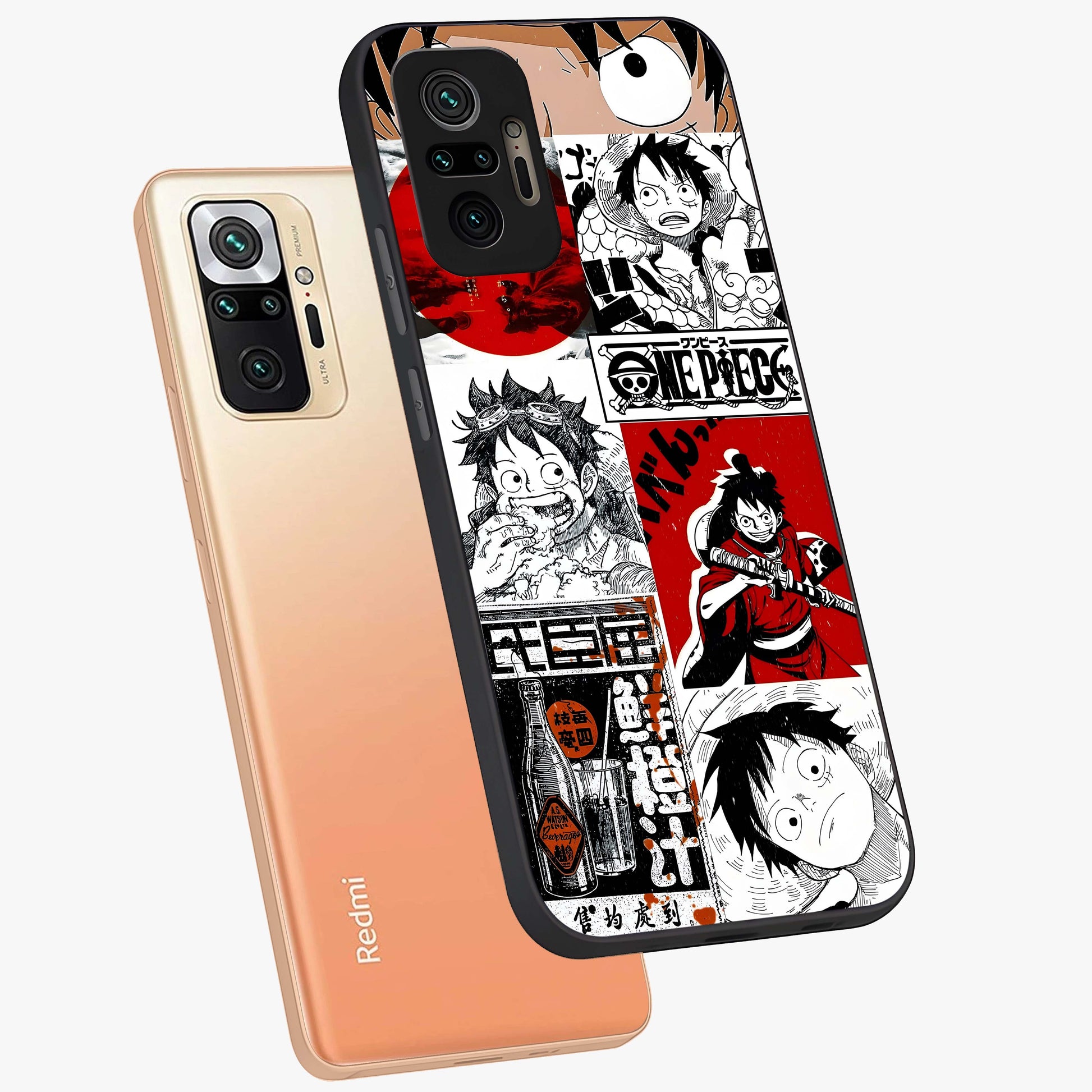 Strawhat Chaos Panels Glass Case displayed in angled mockup highlighting vibrant anime collage design with action aesthetic.