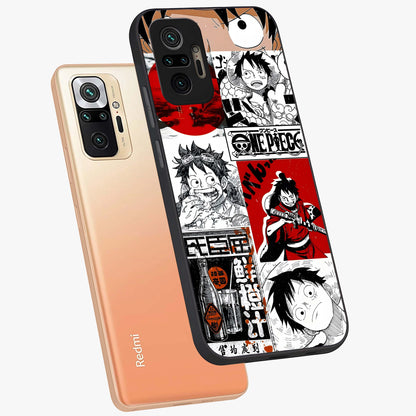 Strawhat Chaos Panels Glass Case displayed in angled mockup highlighting vibrant anime collage design with action aesthetic.