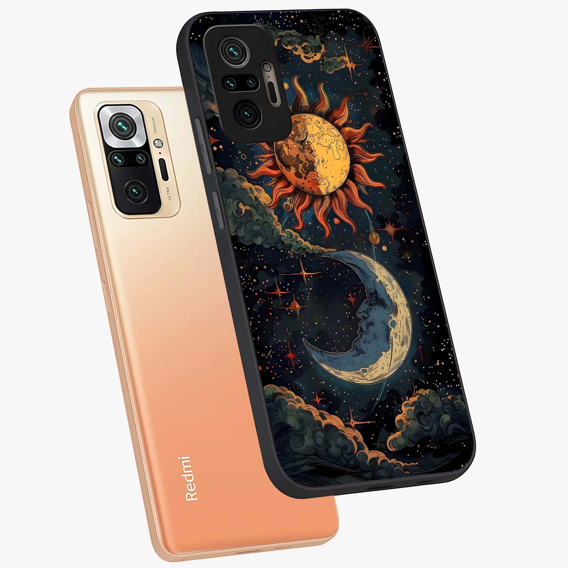Sun And Moon Magic Design Glass Case displayed in angled mockup highlighting celestial design with magical cosmic aesthetic.