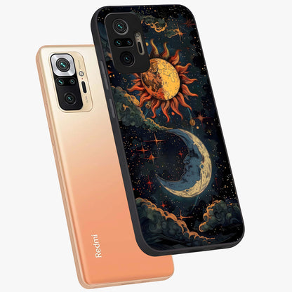 Sun And Moon Magic Design Glass Case displayed in angled mockup highlighting celestial design with magical cosmic aesthetic.