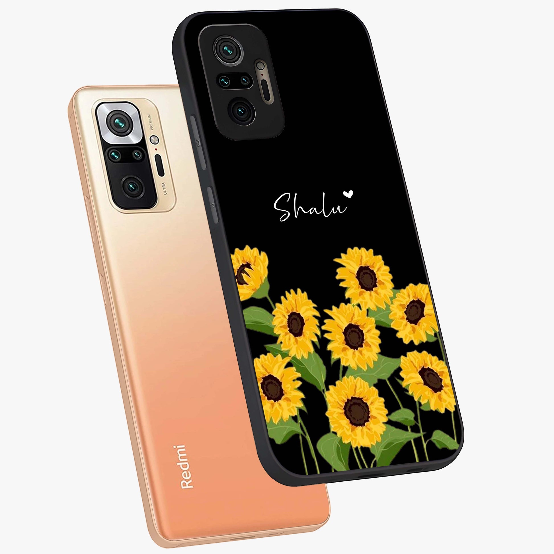 Sunflower Chic Mood Custom Name Glass Case displayed in angled mockup highlighting vibrant sunflower design with custom name feature.