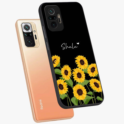 Sunflower Chic Mood Custom Name Glass Case displayed in angled mockup highlighting vibrant sunflower design with custom name feature.
