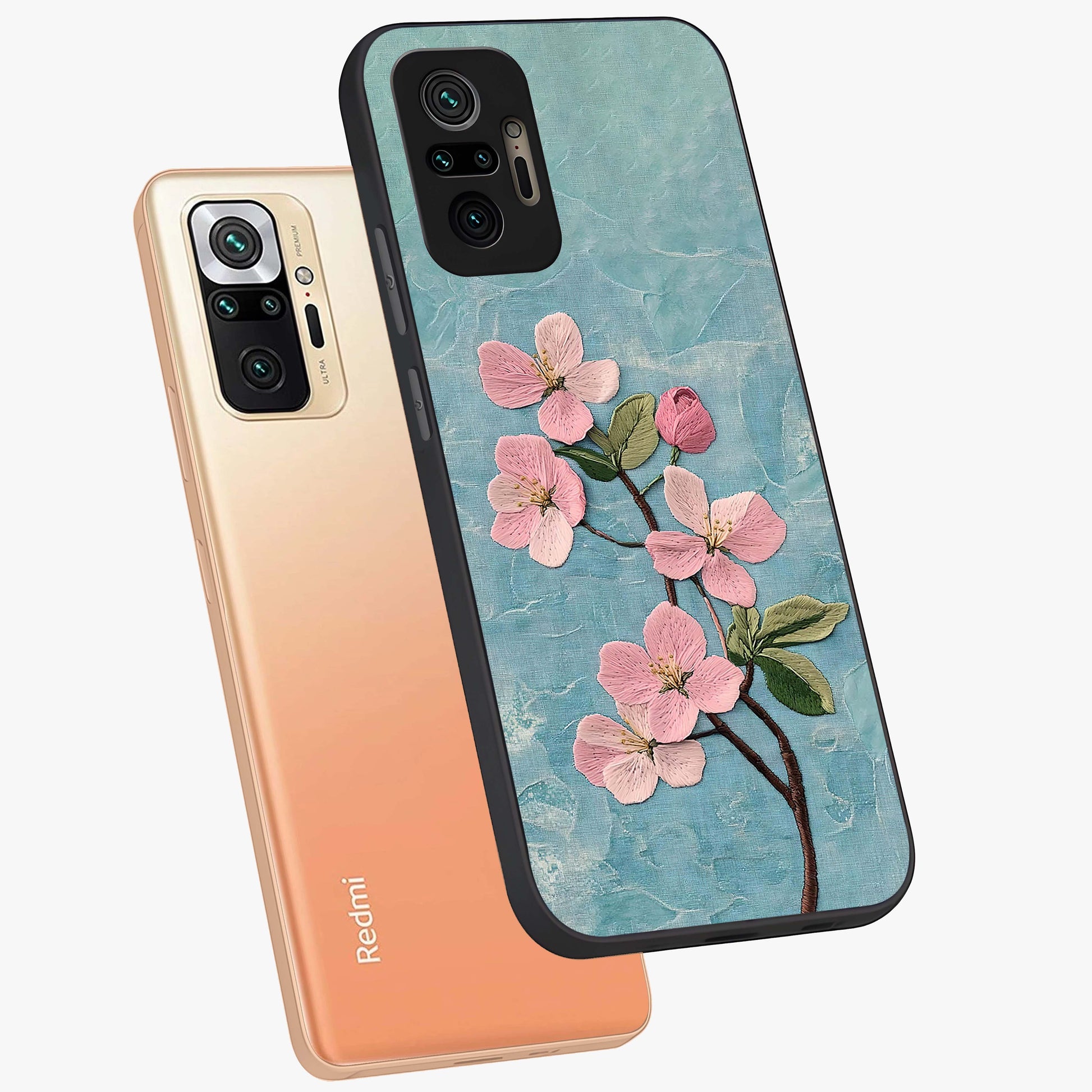 Threaded Blossom Breeze Glass Case displayed in angled mockup highlighting elegant floral design with soft aesthetic style.