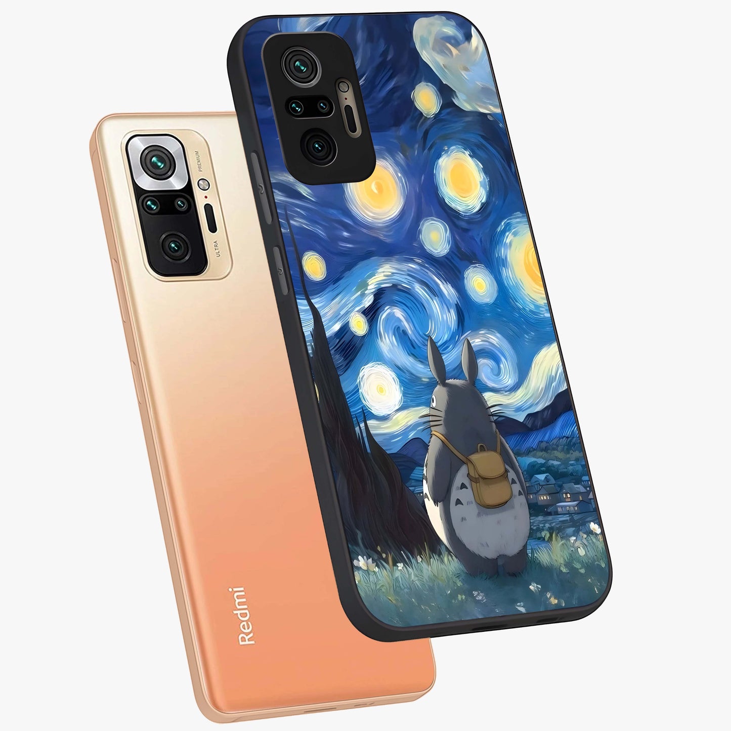 Totoro In Van Gogh Art Glass Case displayed in angled mockup highlighting artistic swirling sky design with playful animation aesthetic.