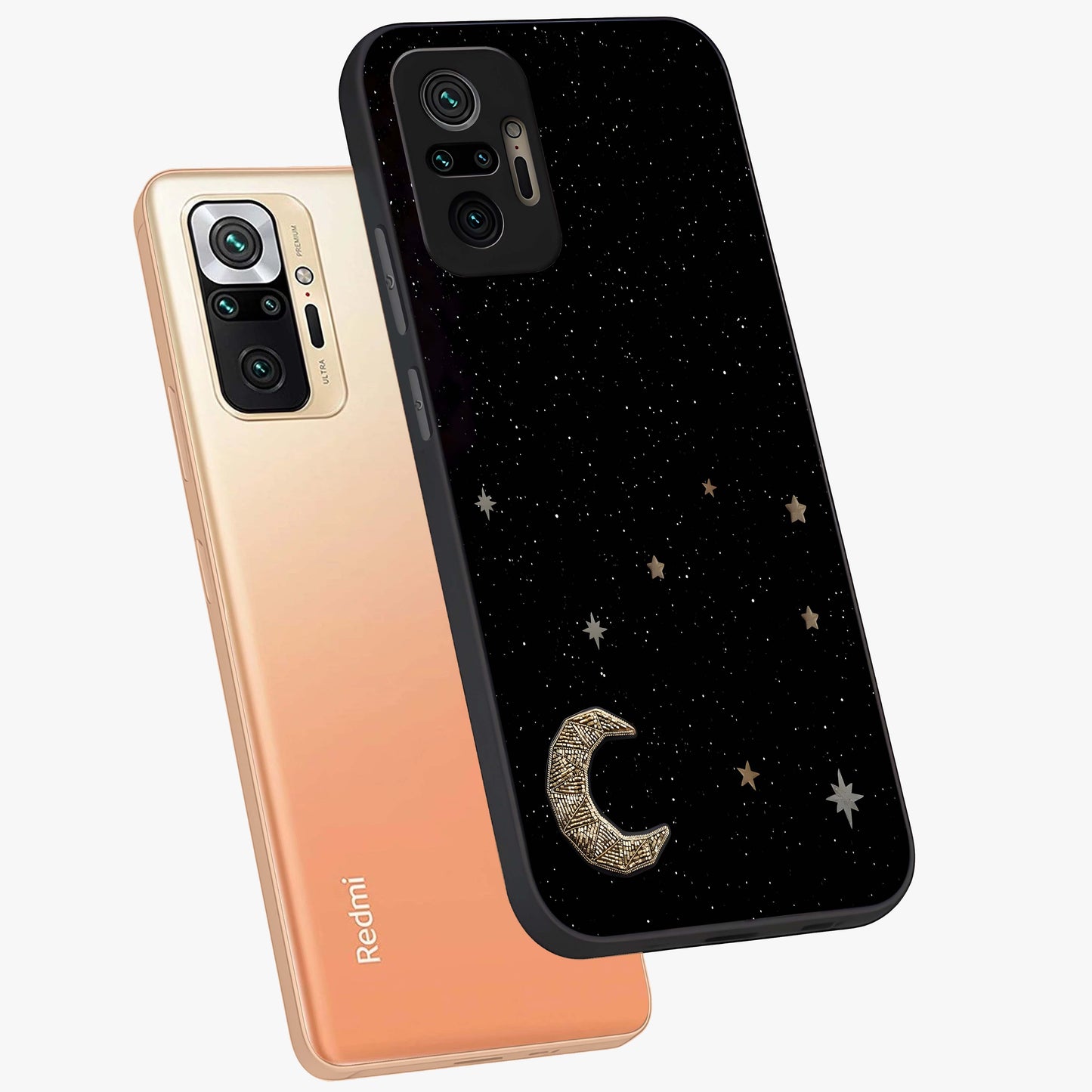 Twinkle Star With Half Moon Glass Case displayed in angled mockup highlighting celestial moon and star design with magical aesthetic.