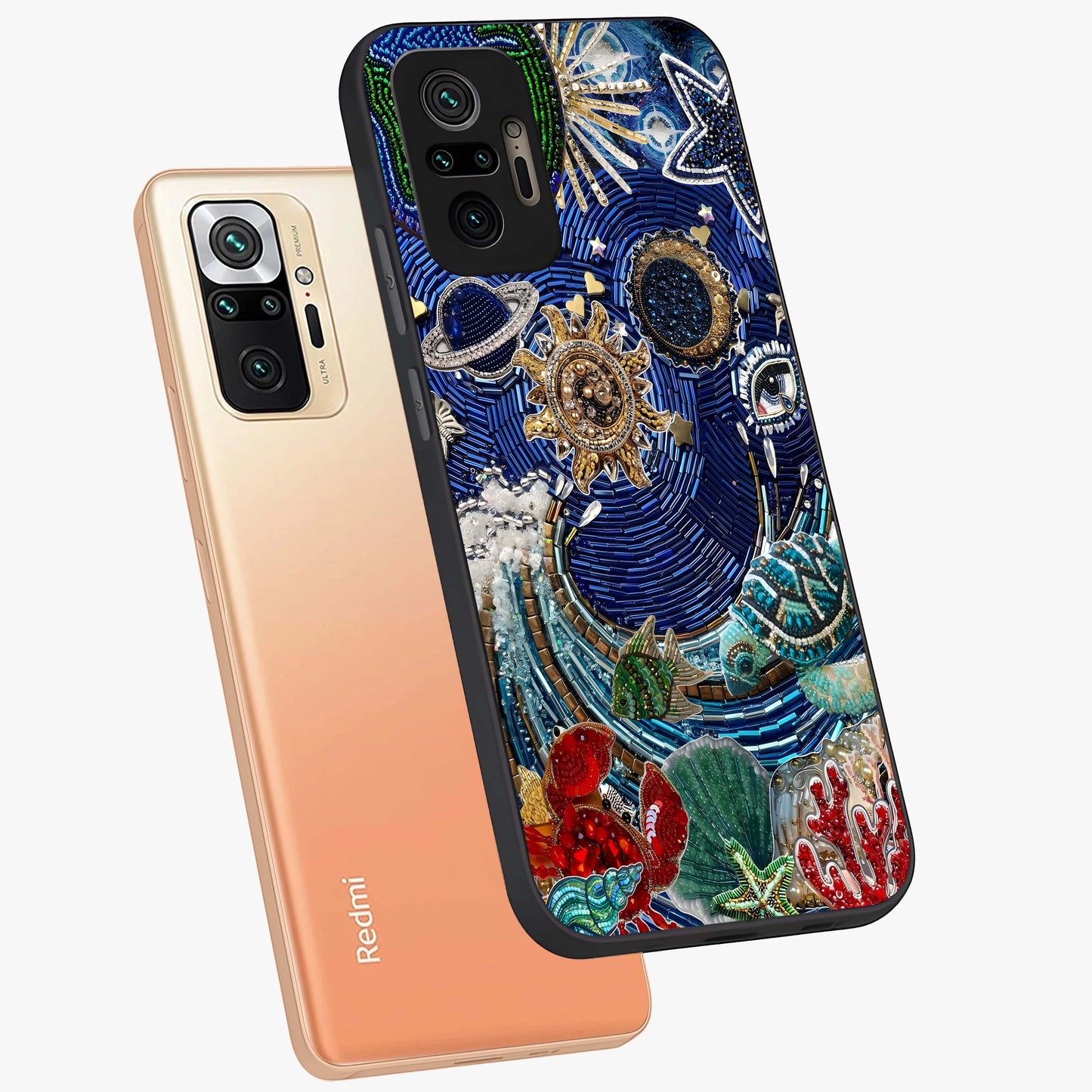 Universe Underwater Spark Glass Case displayed in angled mockup highlighting glowing aquatic design with celestial aesthetic.