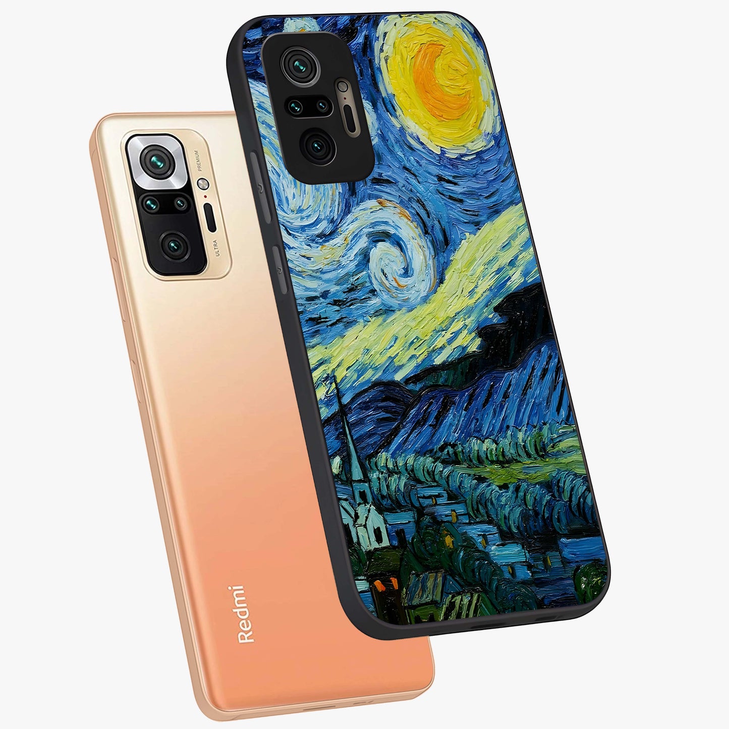 Van Gogh Art Glass Case displayed in angled mockup highlighting swirling brushstroke design with artistic aesthetic.