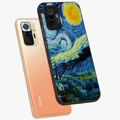 Van Gogh Art Glass Case displayed in angled mockup highlighting swirling brushstroke design with artistic aesthetic.