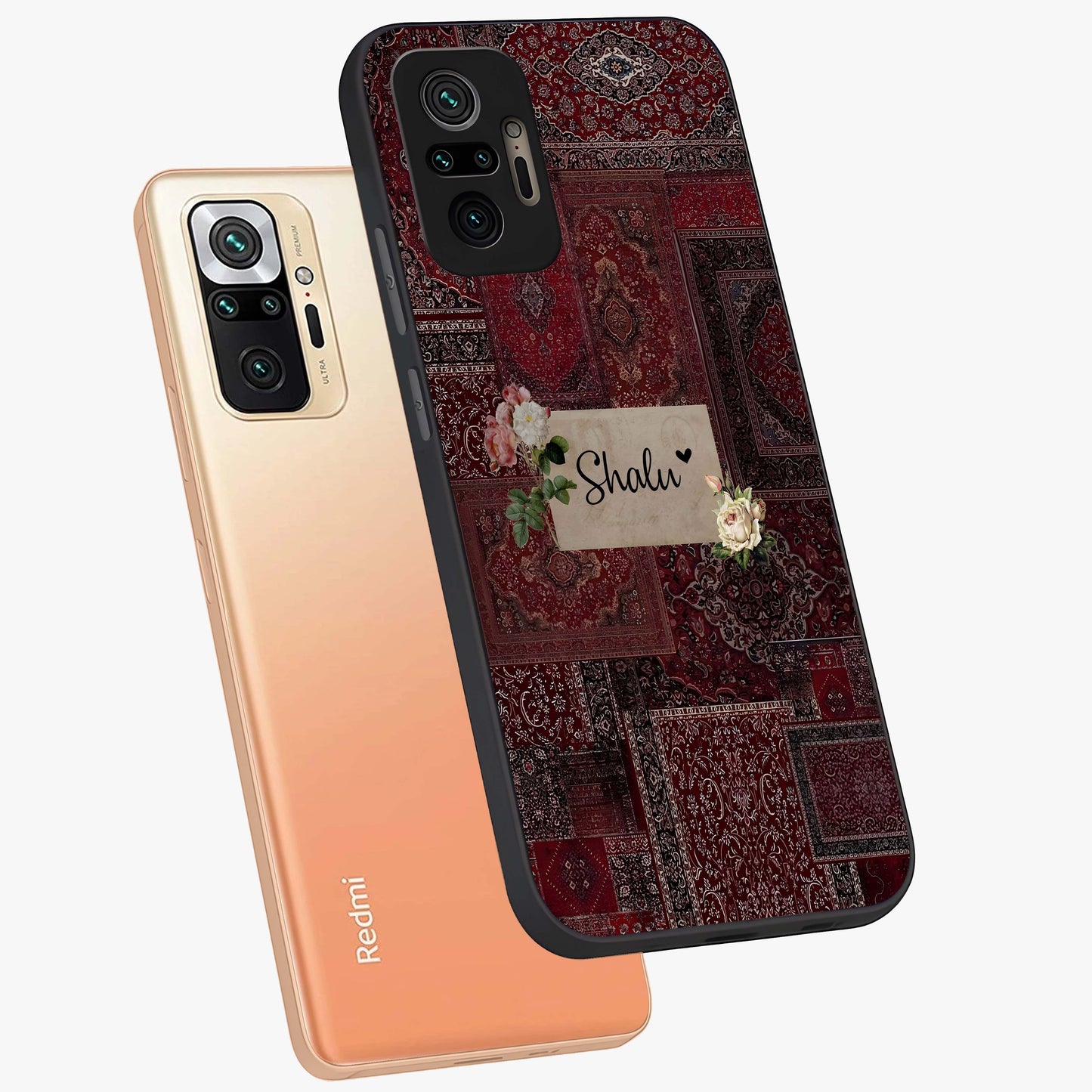 Velvet Wine Pattern Custom Name Glass Case displayed in angled mockup highlighting decorative velvet inspired design with custom name feature.
