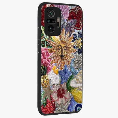 Celestial Floral and Playful Glass Case upright view showcasing whimsical floral artwork with cosmic aesthetic theme.