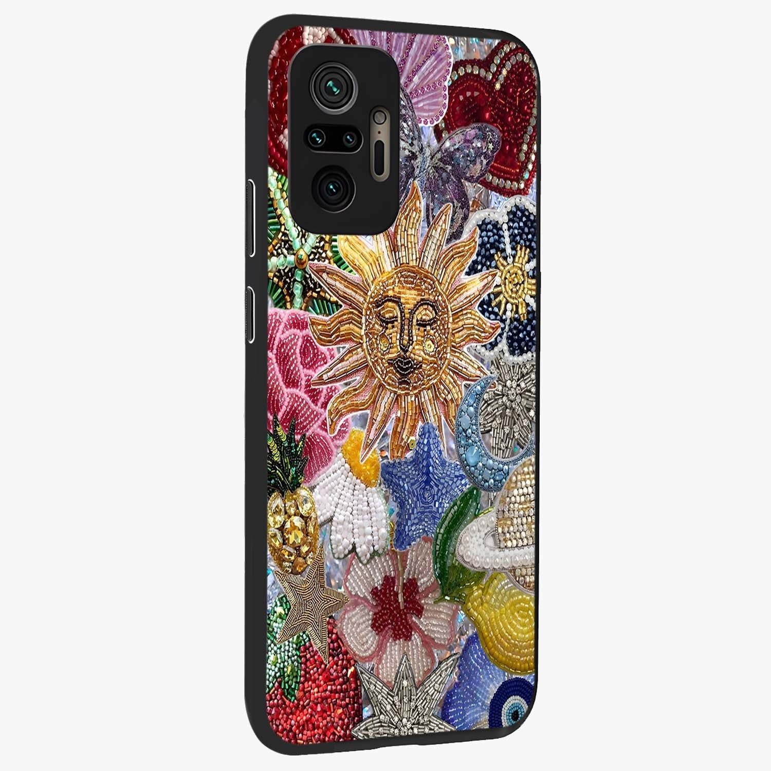 Celestial Floral and Playful Glass Case upright view showcasing whimsical floral artwork with cosmic aesthetic theme.