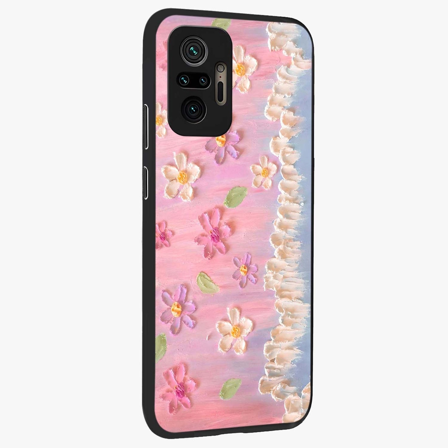 Dreamy Painted Garden Glass Case upright view showcasing vibrant floral garden artwork with artistic nature theme.