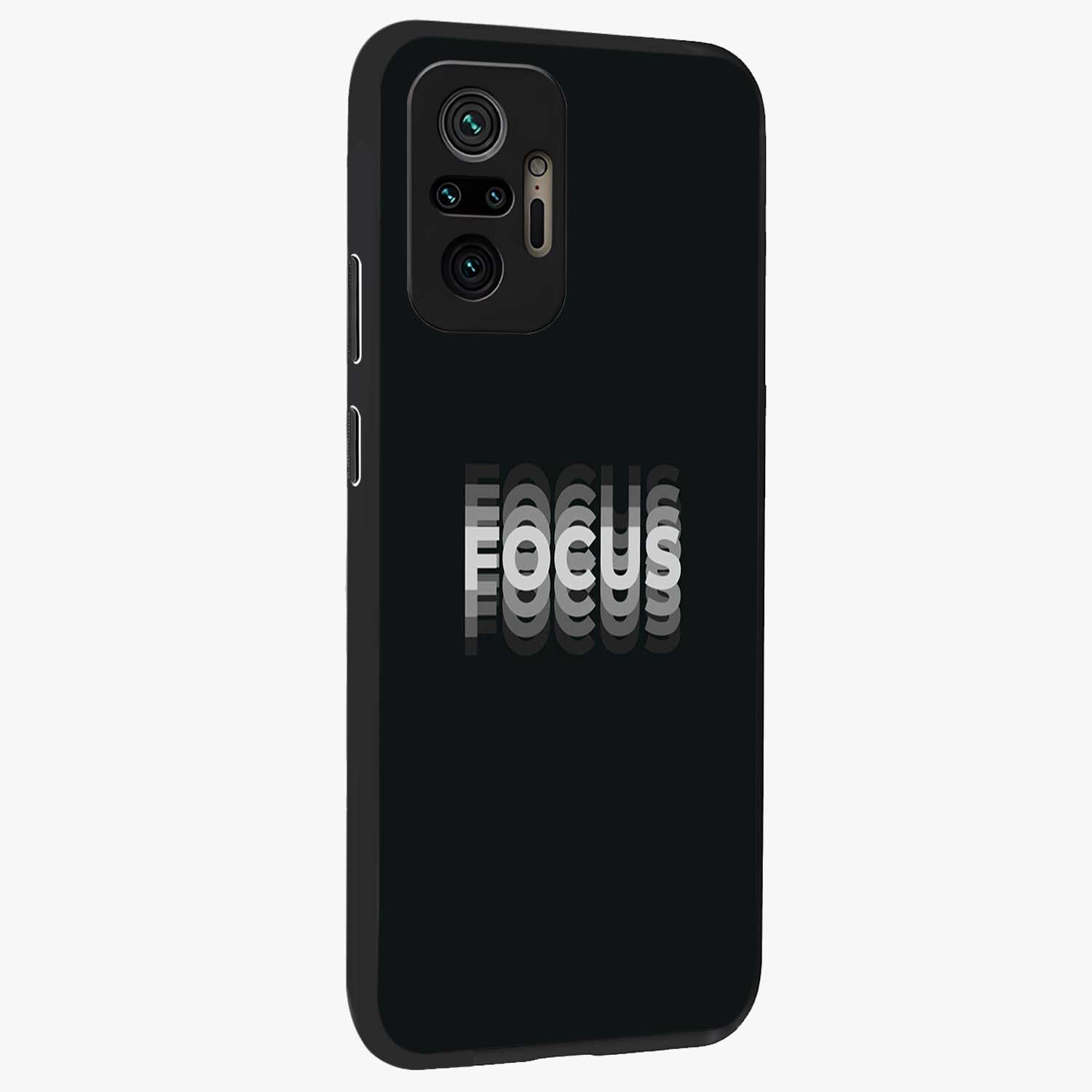 Focus Mode On Glass Case upright view showcasing strong typography statement with sleek motivational theme.