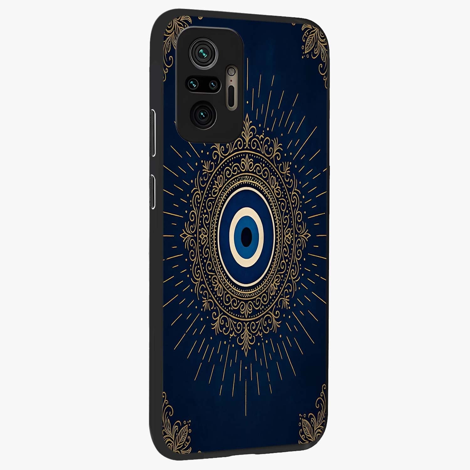 Golden Celestial Charm Glass Case upright view showcasing radiant celestial artwork with elegant golden theme.